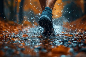 Close-up of a runner's shoe causing a splash in a puddle on a forest trail during a dynamic run in autumn