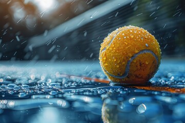 Close-up of a tennis ball covered in water droplets on a shiny blue hardcourt, symbolizing paused action in sport - obrazy, fototapety, plakaty