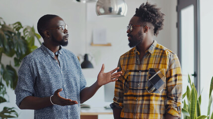 Interactive Office Dialogue: Two Colleagues in Casual Discussion, One Gesturing with a Question and the Other Poised to Respond, Embodying a Dynamic Work Environment, AI Generation