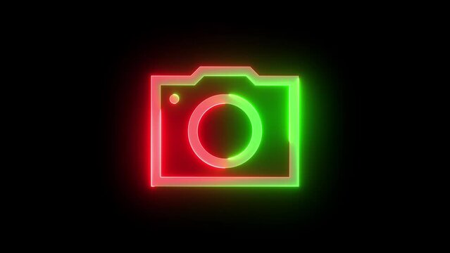 Neon camera icon green red color glowing animation black background