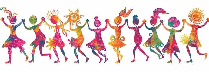 Joyful carnival farandole of happy dancing girls, stylized fantasy female silhouettes, women shape colorful garland,  festive ladies chain parade on white background, beautiful original decoration