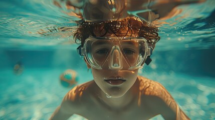 Adventurous Boy Exploring Underwater Toys with Snorkel in Pool