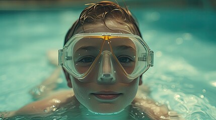 Adventurous Boy Exploring Underwater Toys with Snorkel in Pool - obrazy, fototapety, plakaty