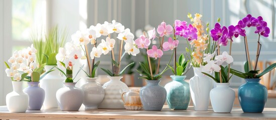 A table is adorned with multiple vases filled with a variety of vibrant flowers, including Stunning Vanda Orchids from the Vanda Orchids collection. The colorful blooms add a pop of nature to the
