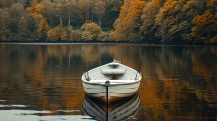 A rowing boat peacefully floats on a lake, surrounded by autumn trees.