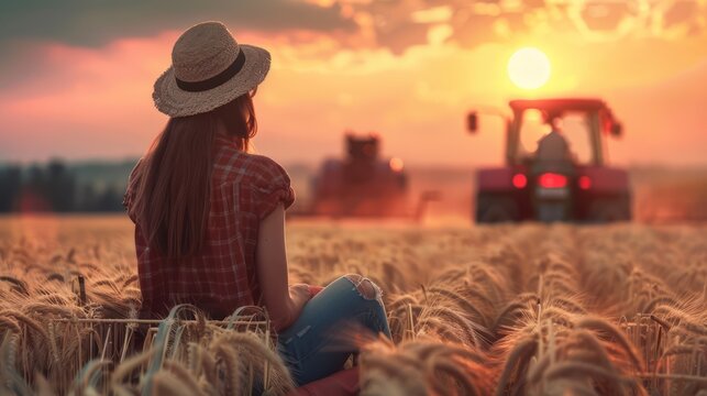 Female farmer removing weeds from a wheat field with a tractor against a sunset sky backdrop.