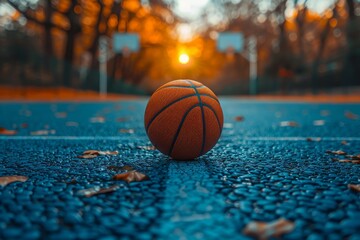A still basketball on a textured blue court with the warmth of the sunset in the background