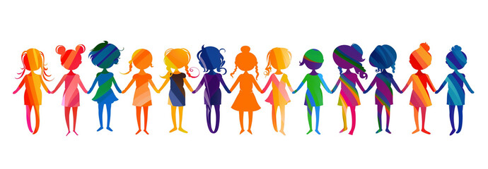 Transparent background with a garland or farandole of girls or women holding hands, colorful ladies silhouettes, female shapes with abstract painting, women's day nice stylized illustration