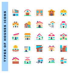 25 Types of Houses  Flat icons pack. vector illustration.