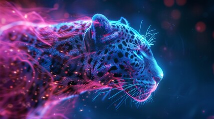 A nebula's ethereal glow meets the dark depths of a coral reef, where a panther's digital twin prowls, abstract art in motion