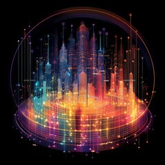 Radio waves and frequency charts align, signaling high income and medical breakthroughs within a mature circle of results