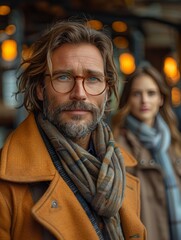 Obraz premium Man With Beard and Glasses Standing Next to Woman