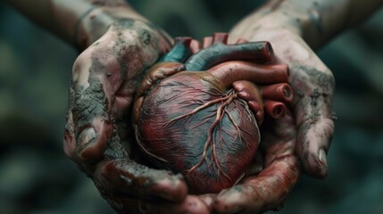 Human heart held in hands