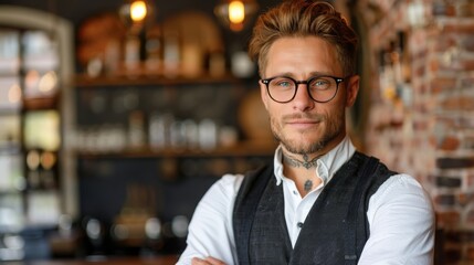 Obraz premium Man With Glasses Standing in Front of Brick Wall