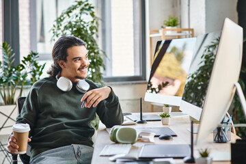 young man with stylus pen and coffee smiling and looking at monitor in post-production workspace