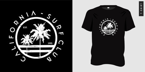 Summer California graphic t-shirt design. Beach symbol with coconut tree silhouette. Street wear with typography style. Ready to print for clothing, tees and posters. Suitable for young people to wear