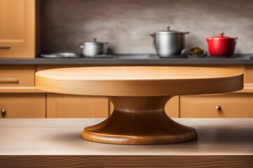Fototapeta na wymiar Modern Wooden Pedestal Stand on Kitchen with Blurry Background