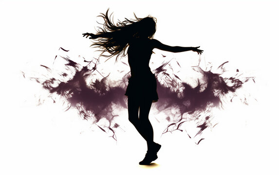 Silhouette of a Girl Dancing with Joy and Freedom Isolated on White Background.