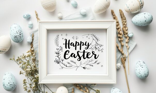Background with Easter eggs, dried flowers and picture frame with "Happy Easter" modern calligraphy lettering