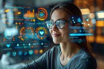 Woman Wearing Glasses Looking at Futuristic Interface - obrazy, fototapety, plakaty