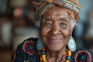 Fototapeta premium Smiling Old Woman With Colorful Headdress