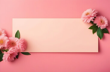 Banner for a greeting card surrounded by flowers in pink tones