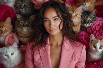 Woman in Pink Suit Surrounded by Cats