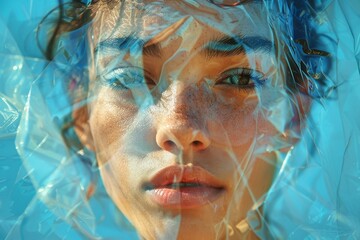 Woman With Blue Eyes and Plastic Wrap Around Head