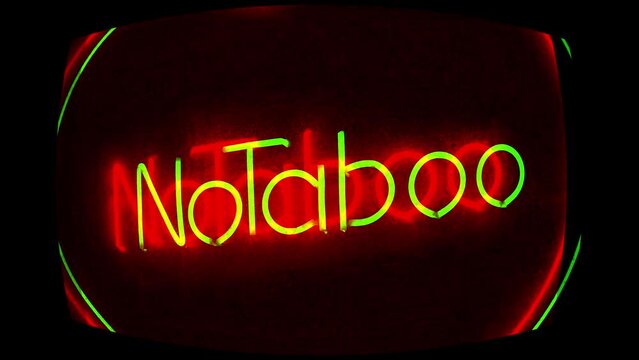 No Taboo inscription at sex shop window. 4K 60fps video with cinema effects