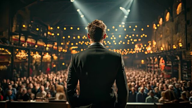 Confident man stands in front of a large crowd, delivering a speech or presentation while the audience listens attentively
