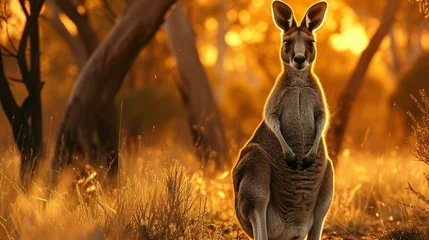 Foto op Plexiglas A spirited kangaroo with a baby in its pouch stands in the wild, an image of maternal care and wildlife in the natural Australian habitat © logonv