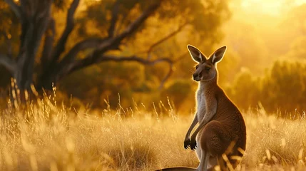 Fotobehang This captivating image shows a kangaroo at sunset, highlighting the beauty of wildlife and the golden hour in the Australian outback © logonv