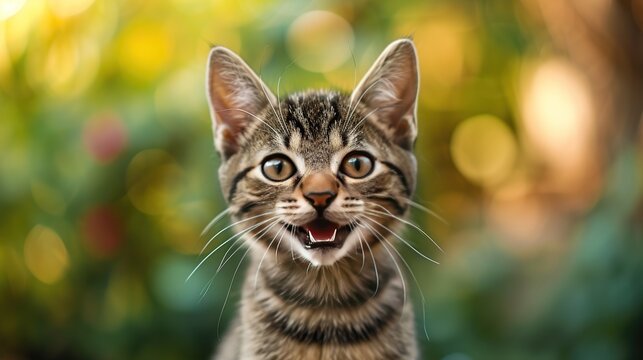 Charming photo trick with a striped tabby cat, a clever blend of feline grace and human emotion. Suitable for creative pet photography showcases and engaging social media content