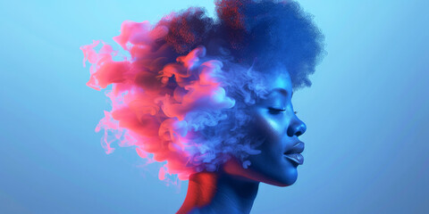 Surreal Woman with Colourful Smoke.
Profile of a woman with vibrant smoke effects on blue...