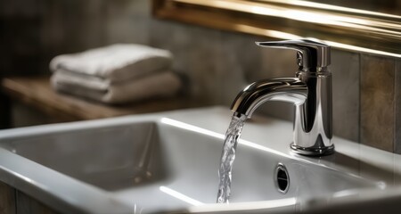  Elegant bathroom sink with flowing water - obrazy, fototapety, plakaty