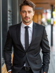 Businessman in Suit and Tie Standing in Front of Building