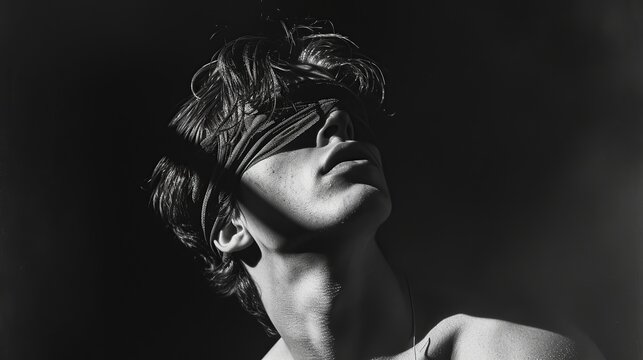 The dynamic interplay of light and shadow across the blindfolded figure's face creates a striking visual, symbolizing inner reflection and the unknown. Fits themes of drama, inner journey
