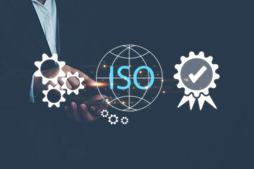 ISO standards quality control, Customer Satisfaction Guarantee concept on virtual screens, Standardization, Businessman using laptop computer with quality assurance and document icon for ISO.