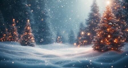  Warm glow of Christmas tree amidst snowy forest