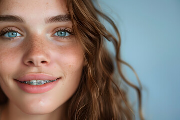 Closeup portrait of beautiful woman with dental braces - obrazy, fototapety, plakaty