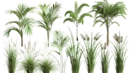 tropical vegetation grass set isolated, ultra realistic, white background   - obrazy, fototapety, plakaty