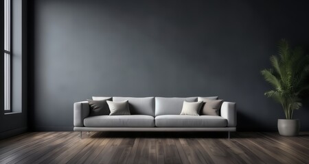  Modern elegance - Minimalist living room with sleek gray sofa and lush greenery