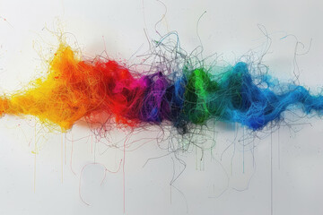 Abstract futuristic wave with colorful lines connecting dots. digital data communication background, cyber plexus design. Big data visualization.