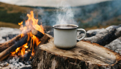 Enamel cup of hot coffee on old log by outdoor campfire. Cooking hot drink in nature camping