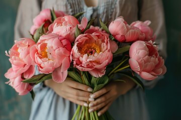 close up woman hands holding bouquet of pink peony flowers