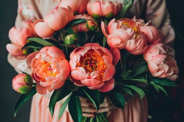 close up woman hands holding bouquet of pink peony flowers