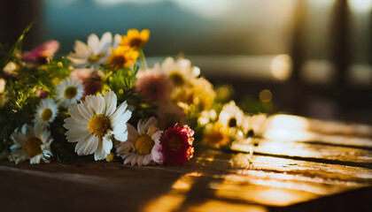 Naklejka na ściany i meble Fresh flowers on wooden table. Beautiful bouquet. Spring or summer season.