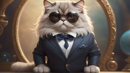 full-bodied portrait, cute and adorable persian cat wearing suit and sunglasses, fantasy, dreamlike, surrealism, super cute, trending on artstation, high definition