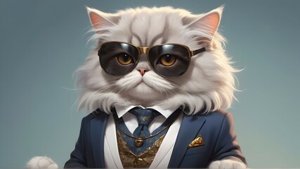 full-bodied portrait, cute and adorable persian cat wearing suit and sunglasses, fantasy, dreamlike, surrealism, super cute, trending on artstation, high definition
