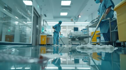 Cleaning personnel perform floor maintenance in an operating room using a mop at a contemporary hospital.